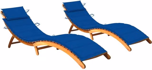 Set de 2 tumbonas SYFAX de madera de acacia aceitada con cojines de tela azul y marrón para jardín o terraza