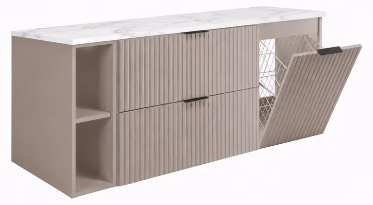 Conjunto de muebles de baño moderno 3E 3xE living.com con cesto para ropa y tiradores dorados en color beige, An/P/Al: 140 x 57 x 46 cm