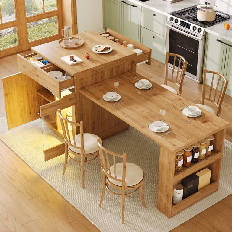 Isla de cocina multifuncional MODFU con superficie extensible, iluminación LED y puertas de vidrio en madera color marrón