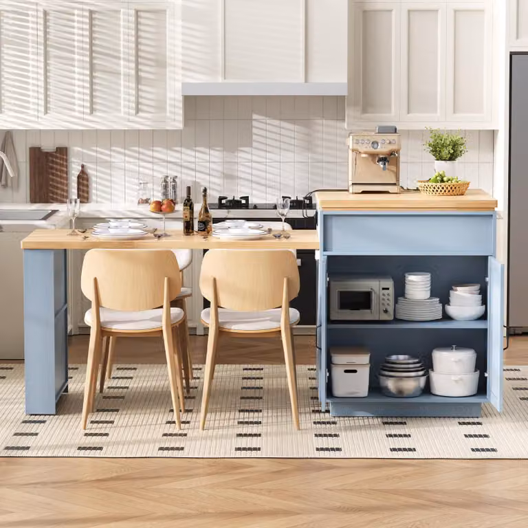 Isla de cocina STILVORA con mesa extensible, iluminación LED y regletas de enchufes, carro con ruedas en MDF color azul y blanco