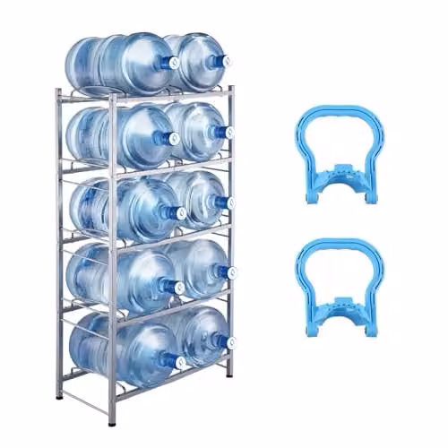 Soporte para botellas de agua VEVOR de metal con 5 niveles y capacidad para 10 jarras, color gris plateado, An/P/Al: 65 x 33,2 x 141 cm