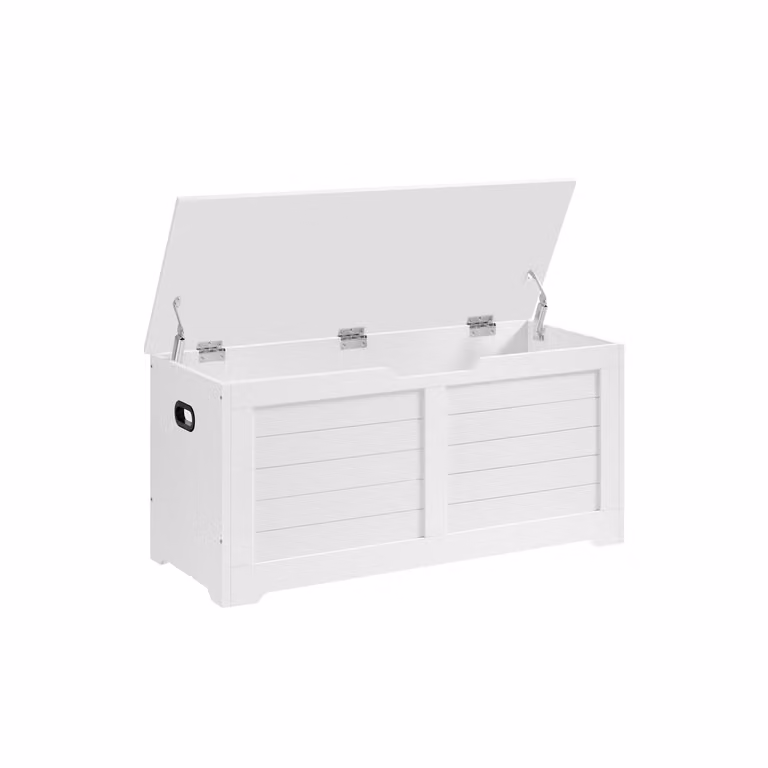 VASAGLE Puff de almacenaje estilo rústico con bisagras de seguridad, zapatero para pasillo, dormitorio o salón, blanco y marrón, An/P/Al: 136 x 40 x 46 cm