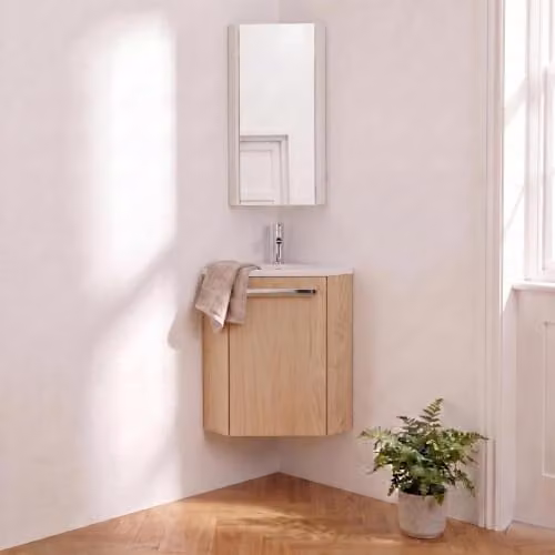 Juego de mueble de lavabo esquinero Mob-In con espejo y lavabo en acabado roble y beige An/P/Al: 53 x 35 x 35 cm