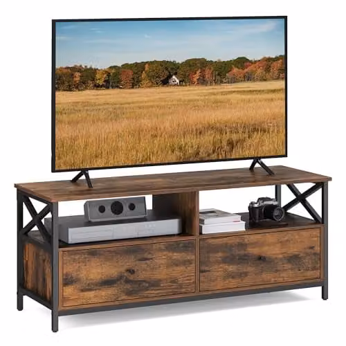 Mueble de TV VASAGLE de estilo industrial con 2 cajones y 2 estantes abiertos, compatible con pantallas de hasta 55 pulgadas, An/P/Al: 120 x 40 x 50 cm, marrón y negro