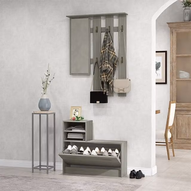 Conjunto de mueble de recibidor 4 en 1 PZCC con perchero, espejo, banco con estante y zapatero para 8 pares de zapatos, color gris