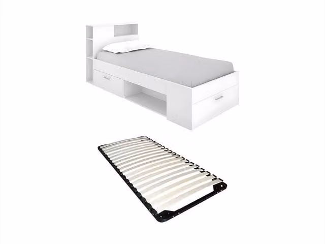 Cama con cabecero con compartimentos y cajón Vente-Unique blanca con somier An/P/Al: 90 x 190 cm