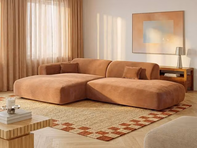 Sofá esquinero izquierdo Pogni de Maison Céphy en terciopelo naranja de diseño moderno con estructura de madera sólida y cojines incluidos, An/P/Al: 160 x 270 cm