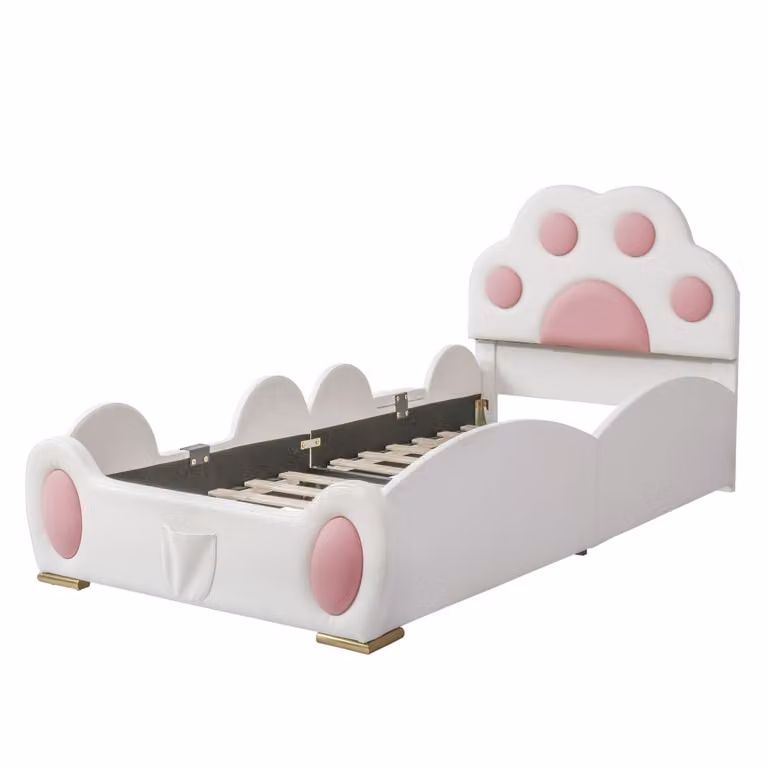 Cama infantil MODFU con estructura de casa, tapizada en piel sintética blanca y rosa, con escalera y compartimentos laterales, An/P/Al: 90 x 200 cm