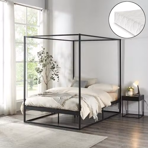 Estructura de cama con baldaquín y colchón de espuma fría en.casa, color negro, An/P/Al: 120 x 200 cm