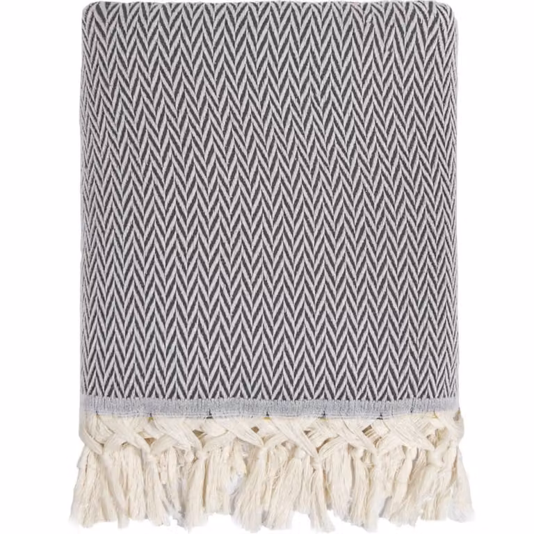 Manta plaid de lana y algodón Febronie con diseño geométrico jacquard y flecos en color negro, An/P/Al: 130 x 170 cm