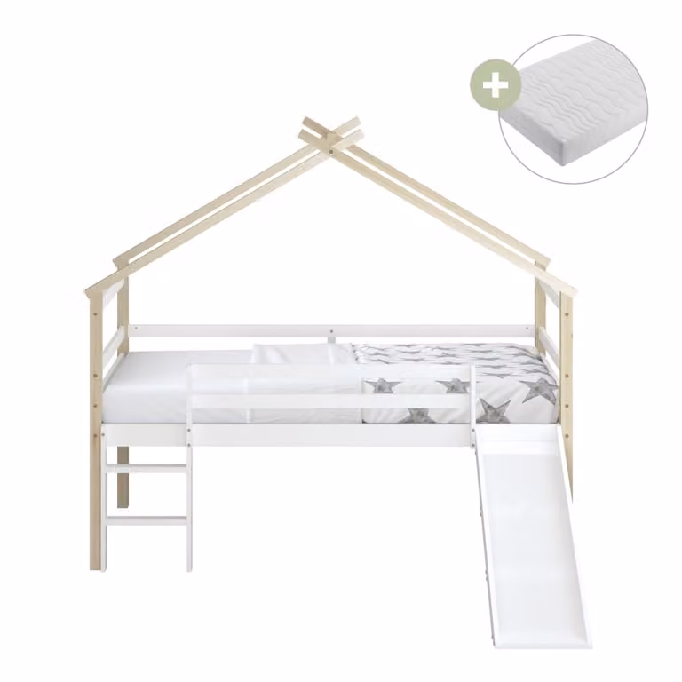 Cama infantil Sunny de madera de pino con tobogán y colchón híbrido en marrón y blanco, An/P/Al: 200 x 90 x 183 cm