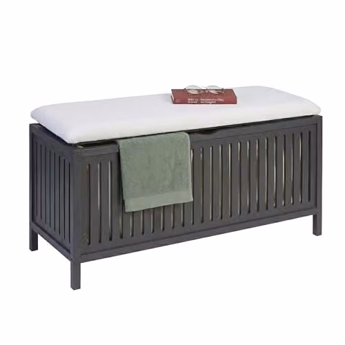 Relaxdays Cesto de ropa con asiento y taburete de baño con almacenaje, nogal, gris/blanco, An/P/Al: 50 x 100 x 38 cm