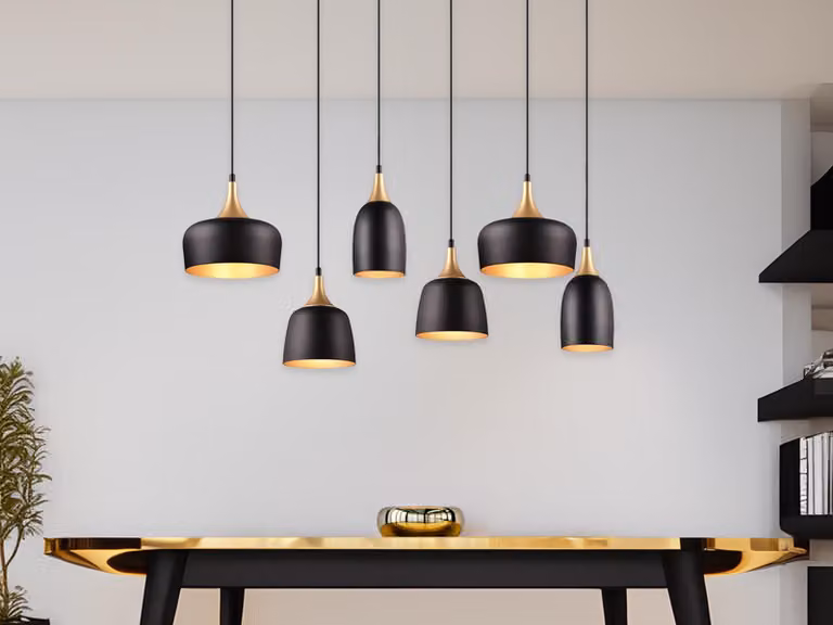 Lámpara colgante Trio Chiraz en metal negro y dorado con 6 brazos para E14, Altura ajustable: 90 cm