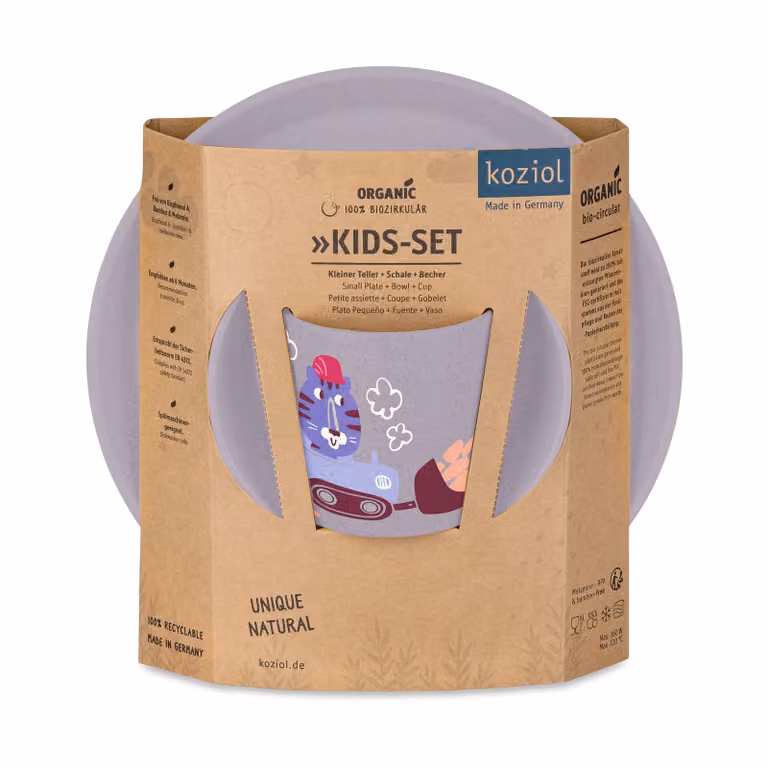 Vajilla infantil Koziol Connect de 3 piezas con diseño de camiones en colores morado y gris