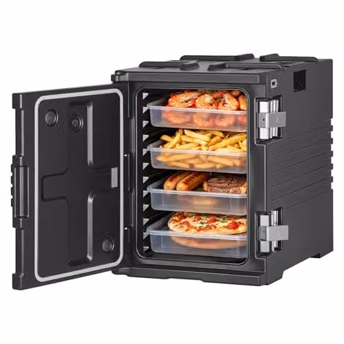 Contenedor isotérmico de alimentos VEVOR de 90 L en color negro, caja de plástico con cierre de acero inoxidable y ruedas, apilable y sin necesidad de electricidad