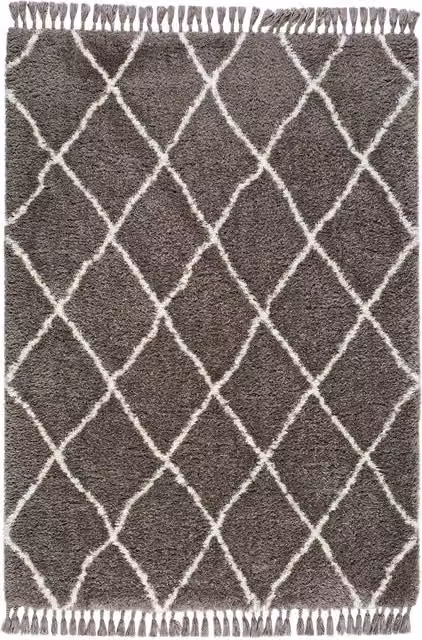 Alfombra shaggy étnica Samira de Atticgo, diseño kilim gris y blanco en poliéster, An/P: 140 x 200 cm