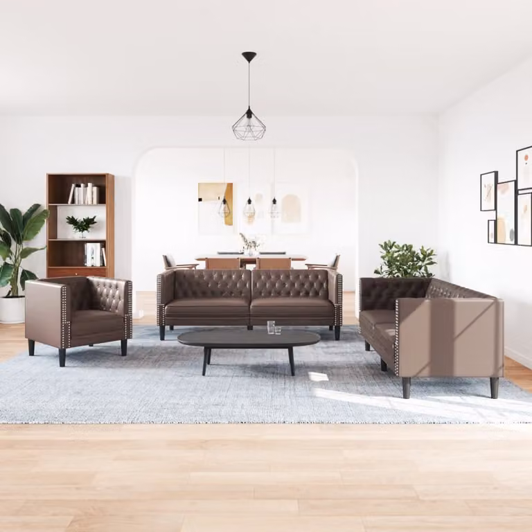 Juego de sofás Chesterfield de 3 piezas vidaXL en cuero sintético marrón para salón