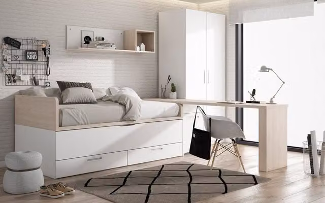 Conjunto de dormitorio juvenil Mio El Corte Inglés con 2 camas, 2 cajones y costado izquierdo alto en color blanco