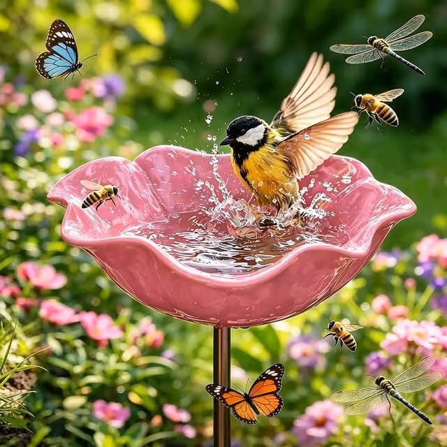 Baño de metal para pájaros e insectos con diseño floral de LIIYIELA, estaca de jardín resistente al invierno, color rosa