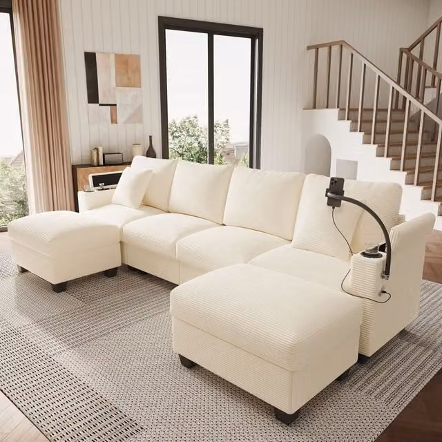 Sofá Modular de Pana KELLANY en Forma de U con Función de Cama, Puerto de Carga USB y Soporte para Teléfono, Color Beige