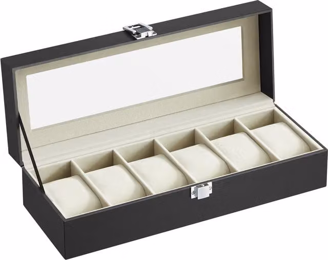 Caja de relojes SONGMICS con 6 compartimentos, tapa de cristal y cuero sintético negro, An/P/Al: 30 x 11,2 x 8 cm