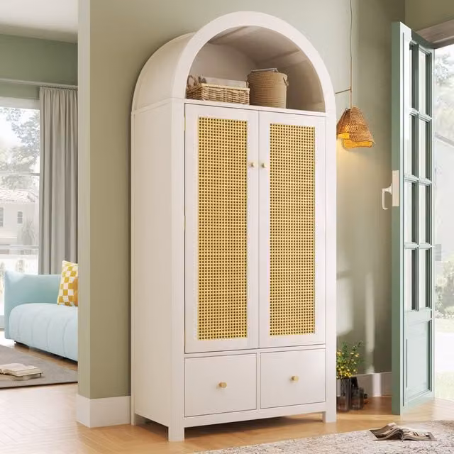 Armario WISHDOR de estilo country con puertas de ratán, cajones integrados y barra para colgar, color blanco. An/P/Al: 78 x 45 x 181 cm