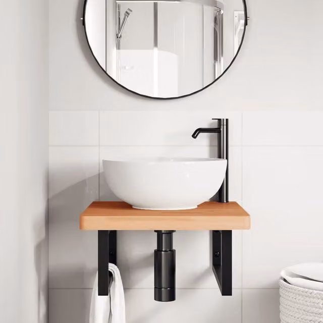 Estante de lavabo de pared SYFAX de acero y madera de haya en negro y marrón