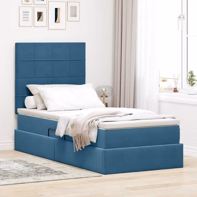 Cama con almacenamiento y colchón híbrido Maison Exclusive en azul con base abatible y puerto de carga USB An/P/Al: 90 x 190 x 88 cm