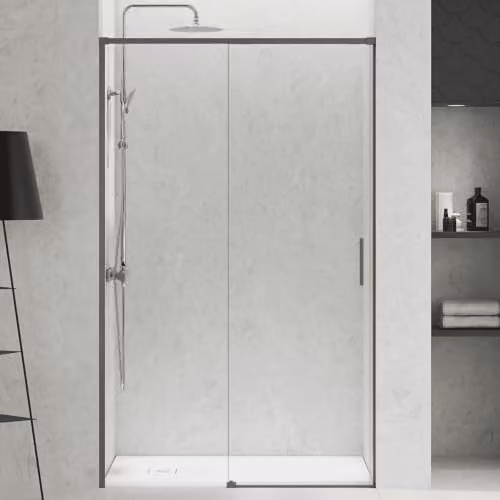 Mampara de ducha frontal B BAÑO TOTAL con una puerta corredera y un panel fijo, fabricada en vidrio templado de 6 mm con tratamiento antical transparente y perfil en color gun metal, An/P/Al: 105 x 195 cm