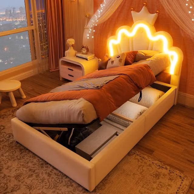 Cama individual con canapé MODENVIE en color blanco con iluminación LED multicolor, cabecero regulable y apertura hidráulica, An/P/Al: 90 x 200 x 91,5 cm