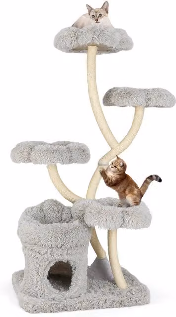 Árbol para gatos NORTHIO de 165 cm con postes de sisal, 4 plataformas y cueva, color gris