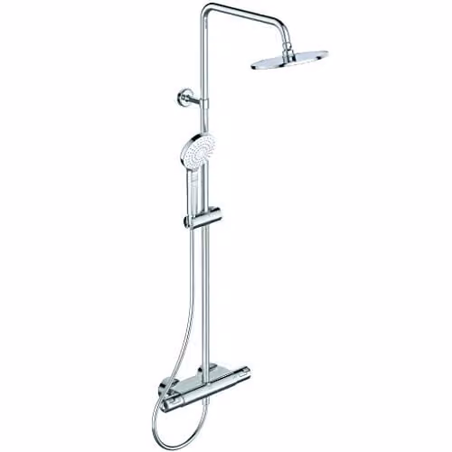 Sistema de ducha con termostato Ideal Standard Ceratherm T50 en acabado cromado, incluye rociador de lluvia, alcachofa de mano y columna rígida para montaje en superficie