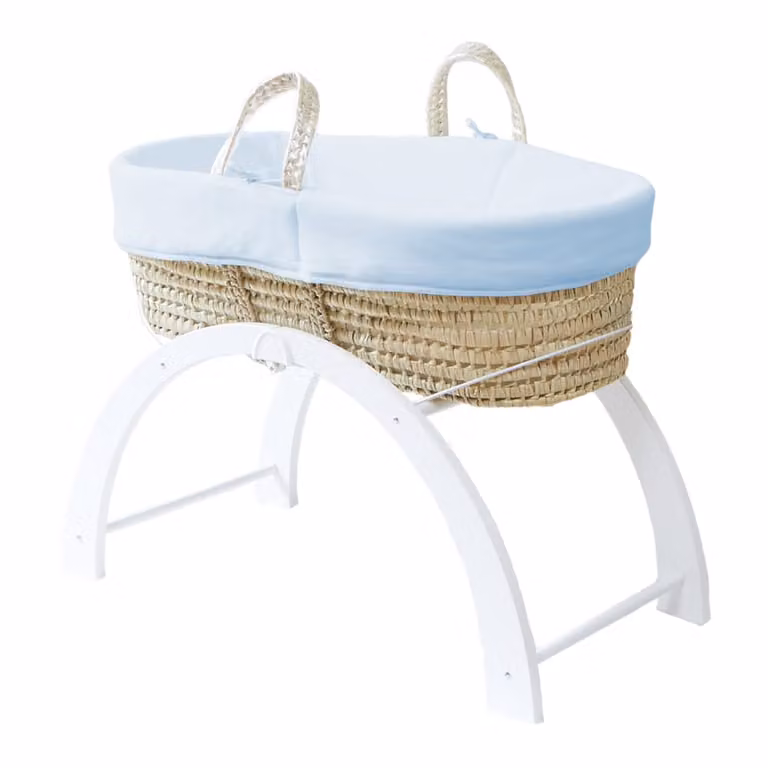 Moisés Premiers Moments con funda de algodón orgánico azul y soporte reversible blanco de 60x120 cm