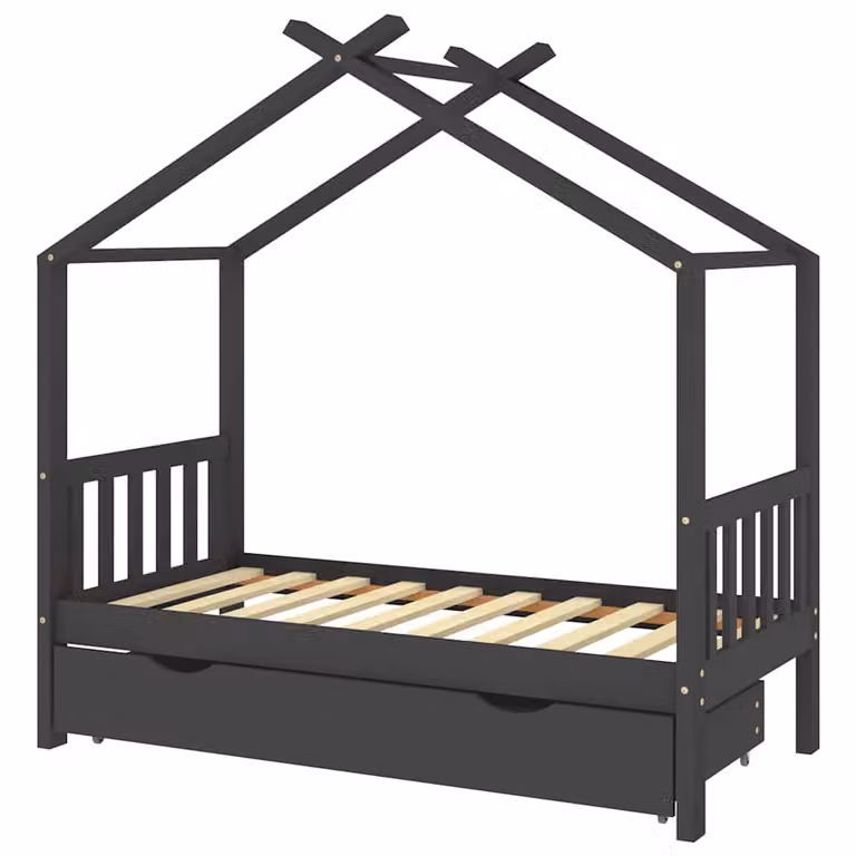 Estructura de cama infantil tipo cabaña con cajón de vidaXL en madera de pino color gris, An/P/Al: 160 x 80 x 173 cm