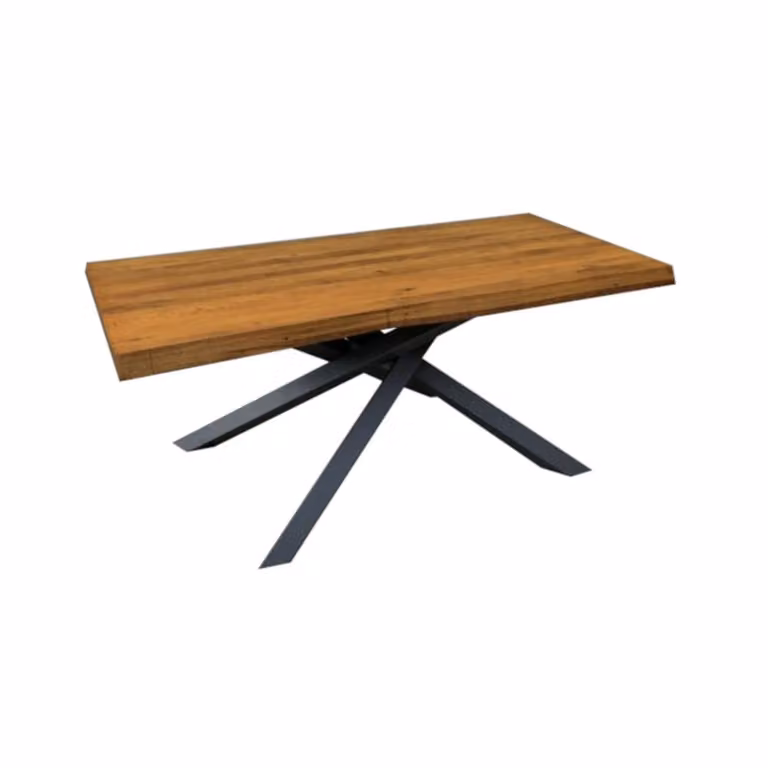 Mesa de comedor Konte.Design de roble macizo nudoso con borde natural y estructura en X, color marrón y negro, An/P/Al: 180 x 90 x 76 cm
