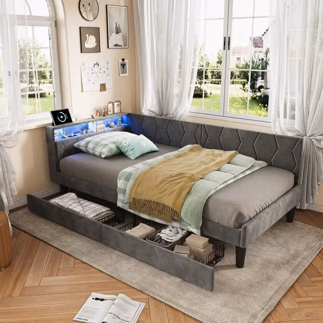 Cama Individual DREAMMESPACE de Terciopelo Gris con 2 Cajones de Almacenamiento, Iluminación LED RGB y Puertos USB Tipo C, An/P/Al: 90 x 200 x 91.5 cm