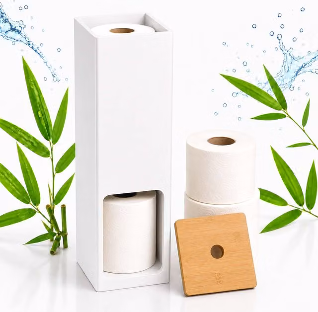 Portarrollos de pie para 4 rollos de papel higiénico de Relaxdays, fabricado en bambú y MDF, color natural-blanco, An/P/Al: 46,5 x 14 x 14 cm
