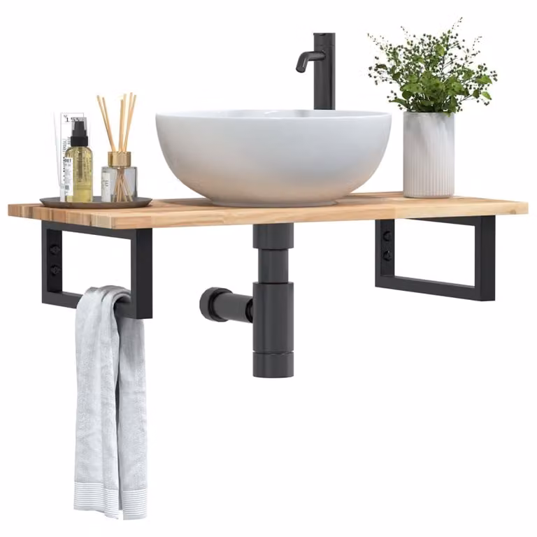 Estante de lavabo de pared Syfax moderno de madera de acacia y metal en color marrón