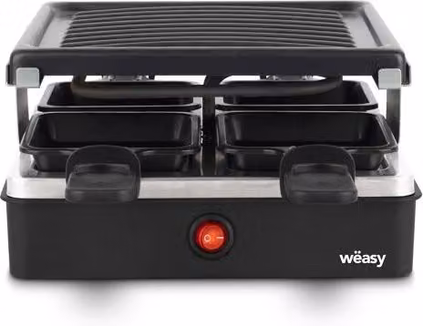Raclette y grill Weasy Luga40 HKoenig para 4 personas, negro, 600W, con recubrimiento antiadheriente y placa grill estriada, An/P: 19,7 x 19,7 cm