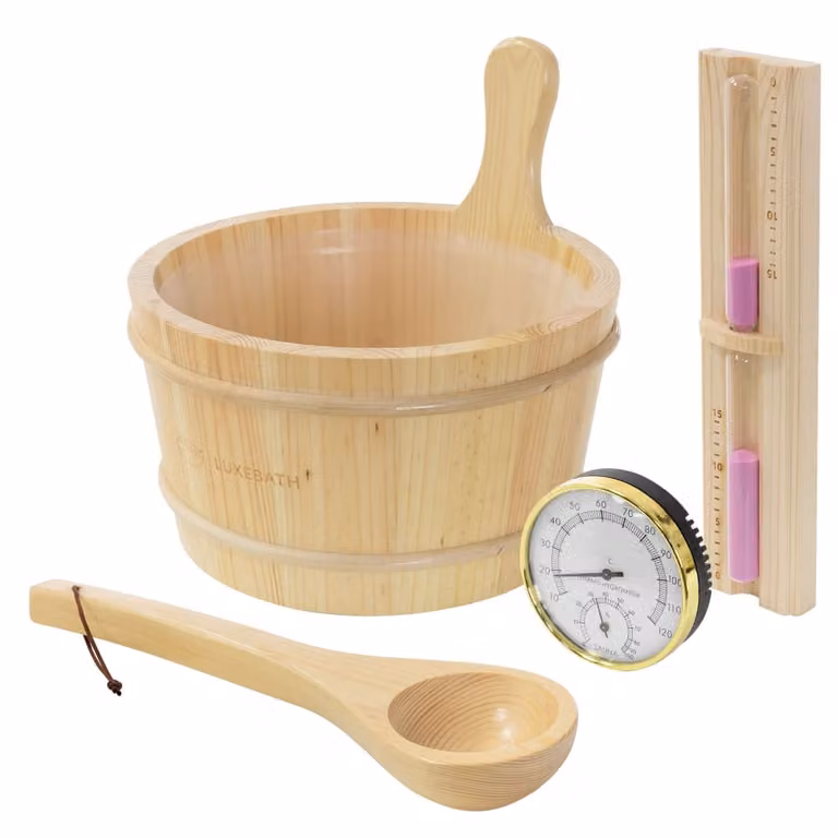 Set de 4 accesorios para sauna de madera de pino maciza con termohigrómetro de ECD Germany