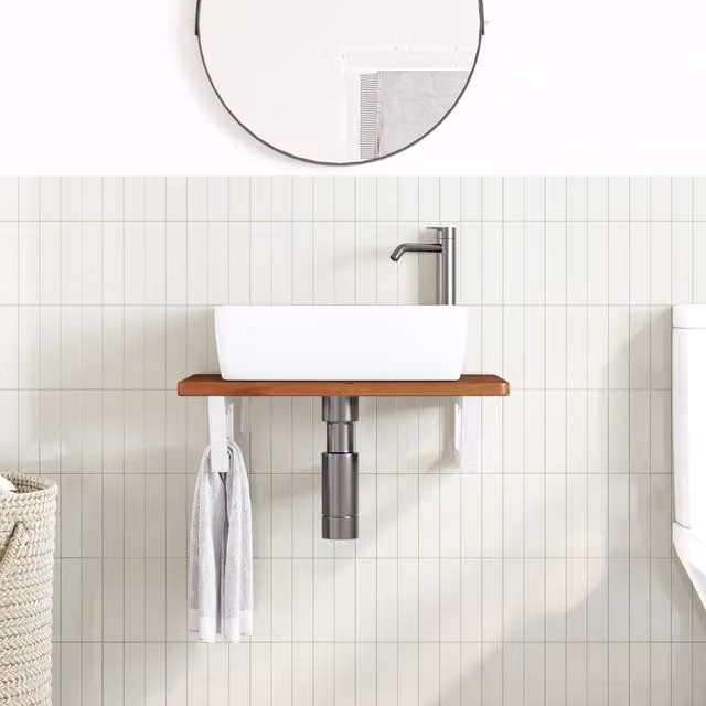 Estante de lavabo de pared SYFAX de madera maciza de roble y acero en color marrón y blanco
