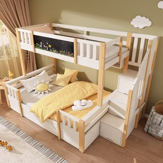 Litera de modenvie con armario escalera, cajones y pizarra en blanco y beige, para dormitorios infantiles, sin colchón, An/P/Al: 90 x 200 cm y 140 x 200 cm