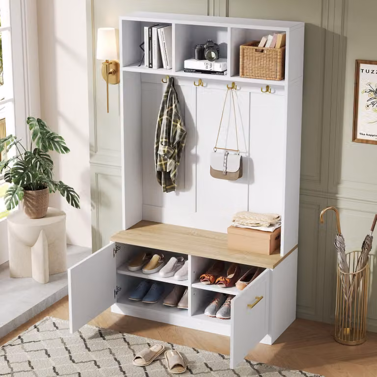 Juego de armario para recibidor STILVORA con banco, 2 puertas y 4 ganchos, An/P/Al: 105 x 40 x 180 cm, color blanco y beige