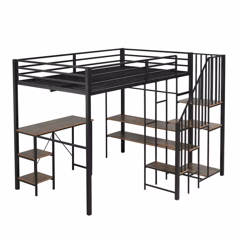 Cama alta OKWISH negra con escritorio, estantería y armario integrados, estructura de metal y MDF, An/P/Al: 200 x 120 x 160 cm