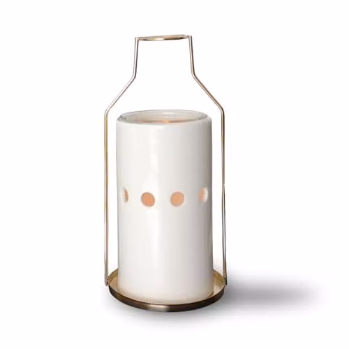 Quemador de cera y difusor de aceites esenciales Zen'Aroma de cerámica blanca y metal dorado, Altura: 18 cm