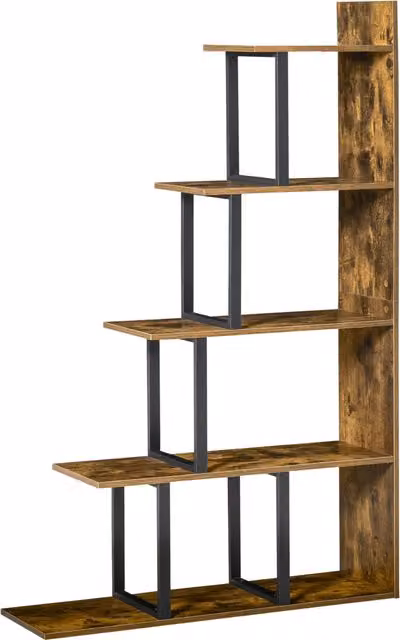 Estantería biblioteca HOMCOM de estilo industrial en forma de escalera con 5 estantes, color marrón, An/P/Al: 102 x 30 x 160 cm