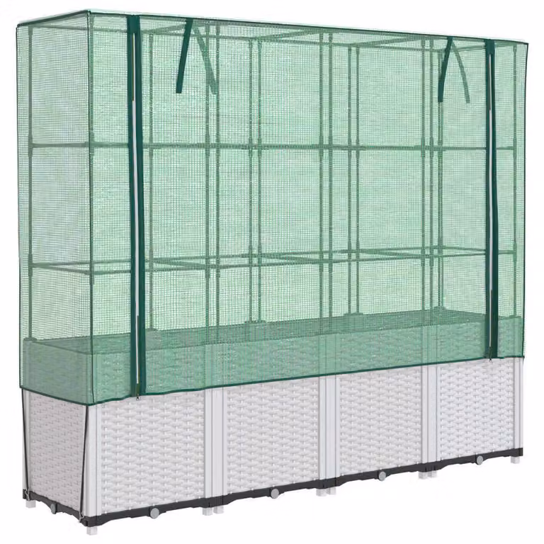 Arriate con cubierta de invernadero Syfax con aspecto de ratán en blanco y verde, An/P/Al: 160 x 40 x 153 cm