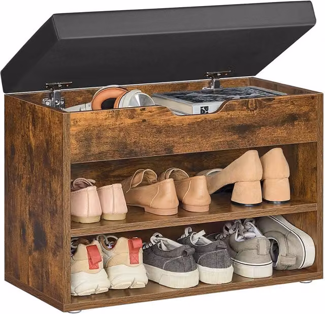Banco zapatero con asiento acolchado de polipiel HELLOSHOP26 en color beige y marrón, An/P/Al: 60 x 30 x 44 cm
