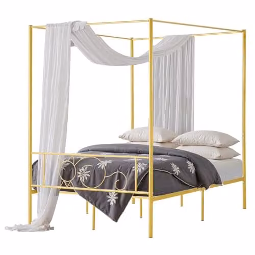 Estructura de cama con dosel VEVOR de metal con diseño de 4 postes y cabecero minimalista en color dorado, An/P/Al: 140 x 200 cm