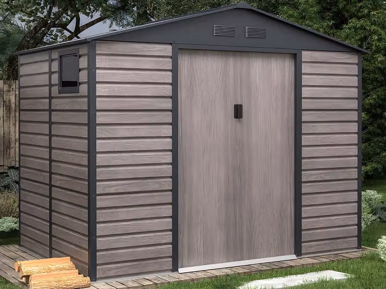 Caseta de jardín de acero galvanizado efecto madera ADELMO de VENTE-UNIQUE en color gris antracita con doble puerta y ventana, 5,40 m²
